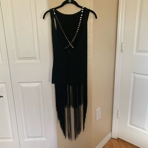 New Rampage Black Fringe Criss-Cross Crystal Back